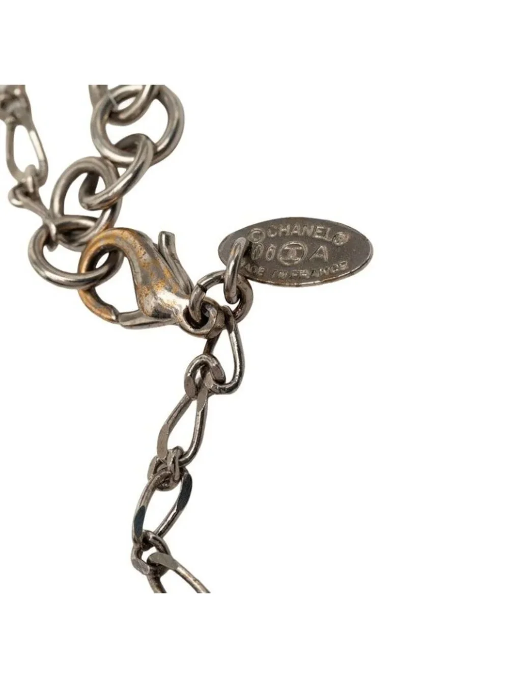 Chanel CC Logo Chain Pendant Silver Metal Faux Pearl